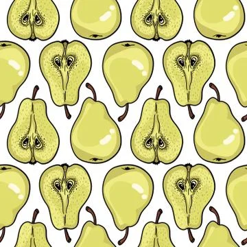 Seamless pattern with ripe pears. Stylized hand drawn vector. Stock Illustration
