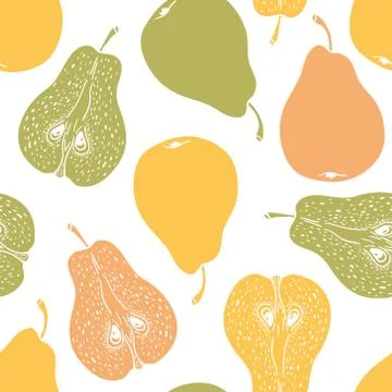 Seamless pattern with ripe pears. Stylized hand drawn vector. Stock Illustration