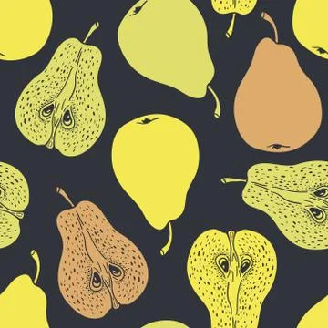 Seamless pattern with ripe pears. Stylized hand drawn vector. Stock Illustration