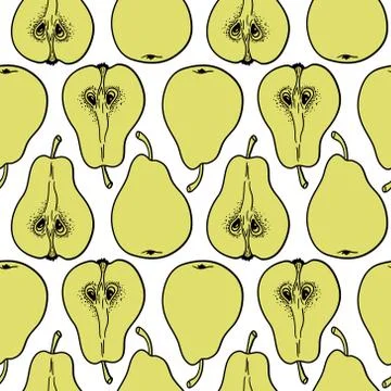 Seamless pattern with ripe pears. Stylized hand drawn vector. Stock Illustration