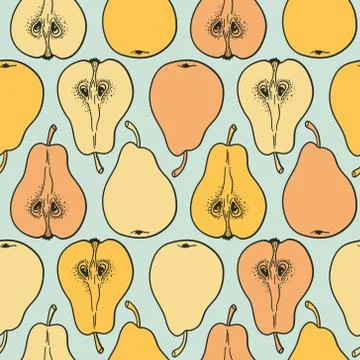 Seamless pattern with ripe pears. Stylized hand drawn vector. Stock Illustration
