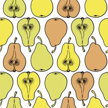 Seamless pattern with ripe pears. Stylized hand drawn vector. Stock Illustration