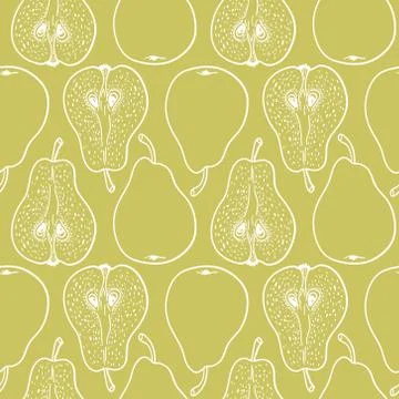 Seamless pattern with ripe pears. Stylized hand drawn vector. Stock Illustration