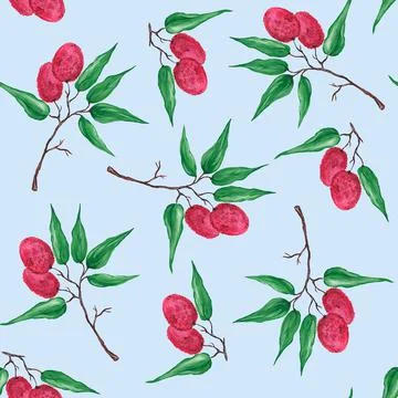 Seamless pattern with ripe pink lychee berries on branches with green leaves Illustrazione stock