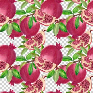 Seamless pattern with ripe pomegranates and green leaves. Hand-drawn watercolor Illustrazione stock