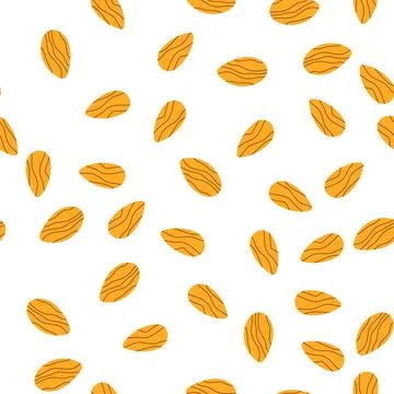 Seamless pattern with ripe raw tasty almond in cartoon hand drawn style on white Stock Illustration