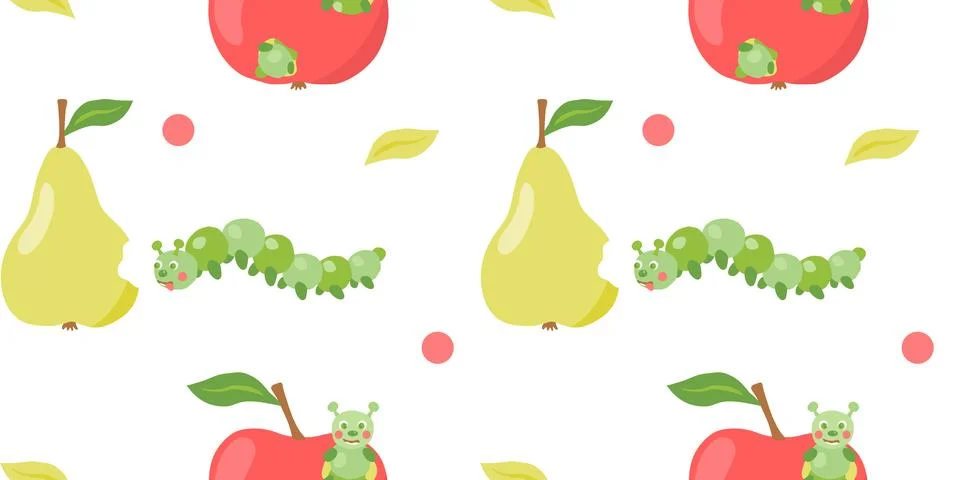 Seamless pattern with ripe red apples, pears and cute caterpillar, funny pattern Stockillustratie