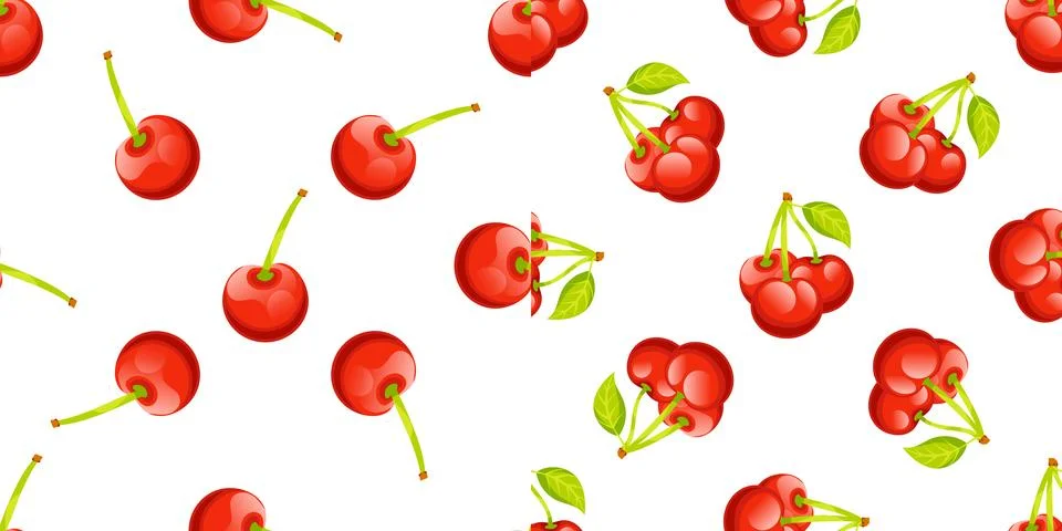 Seamless pattern with ripe red cherries and green leaves on white background Stock-Illustration