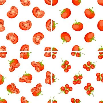 Seamless pattern with ripe red tomatoes, halves and slices of tomatoes and Stock-Illustration