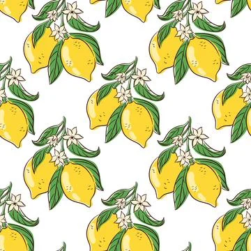 Seamless pattern with ripe yellow lemon, green leaves and white flowers in flat Stock Illustration