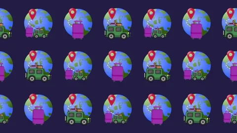 Seamless pattern of road trip car, suitcase, and world map icons animation Stock Footage 319773378