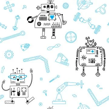 Seamless pattern with Robots and details for construction Robotics. Vector Stock Illustration