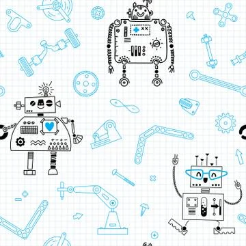 Seamless pattern with Robots and details for construction Robotics. Vector Stock Illustration