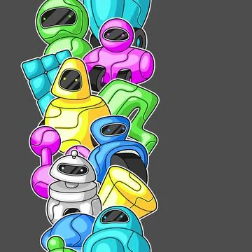 Seamless pattern with robots. Teenage creative background. Trendy characters in Stock Illustration