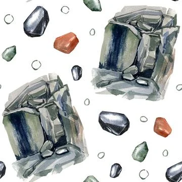 Seamless pattern rock and color stones isolated on white. Watercolor handrawing Stock Illustration