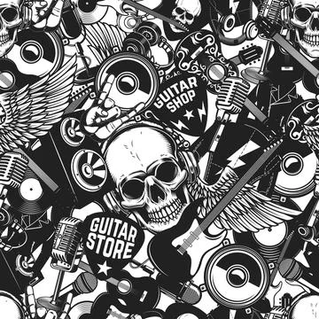Seamless pattern with rock and roll music elements in monochrome style. Desig Stock Illustration