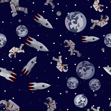 Seamless pattern Rocket and astronaut flies near the planet Earth Stock Illustration