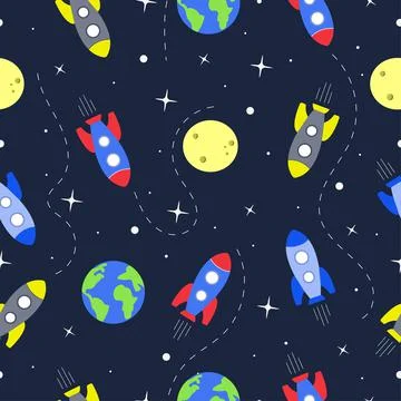 Seamless pattern with rocket and planet on space. Colourful vector illustration イラスト素材