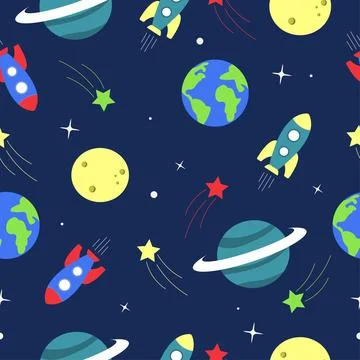 Seamless pattern with rocket, planet on space Stock Illustration
