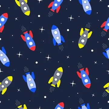 Seamless pattern with rocket on space. Colourful vector illustration Stock Illustration