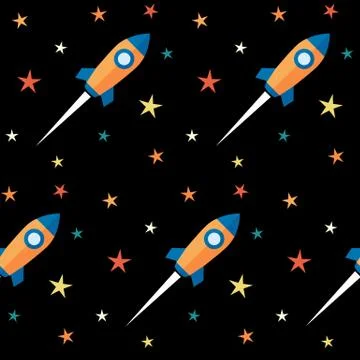 Seamless pattern. Rockets and stars over black background. Vector Illustratio Stock Illustration