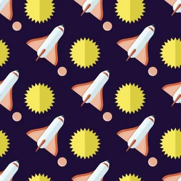 Seamless Pattern with Rockets and Sun Isolated Stock Illustration
