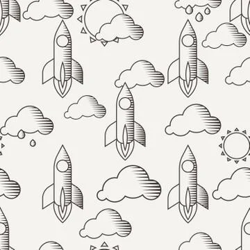 Seamless pattern with rockets, clouds and sun 스톡 일러스트