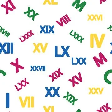 Seamless pattern with Roman numerals. Ten, twenty, thirty, forty, fifty, si.. Illustrazione stock