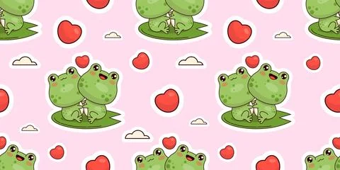 Seamless pattern with romantic couple of frogs on pink background with hear.. Stock Illustration