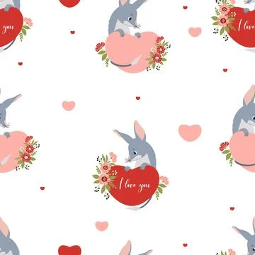 Seamless pattern romantic. Cute Australian animal bilby with heart and flowers Stock Illustration