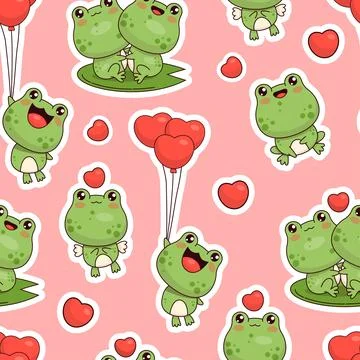 Seamless pattern with romantic frogs on pink background with hearts. Cute r.. Stock Illustration