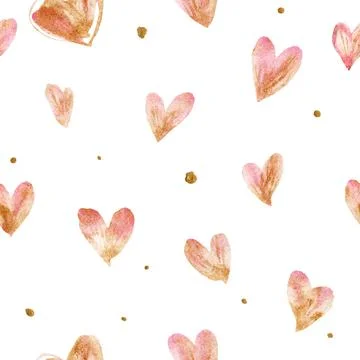 Seamless pattern with a romantic light pink watercolor hearts and golden dots Stock Illustration