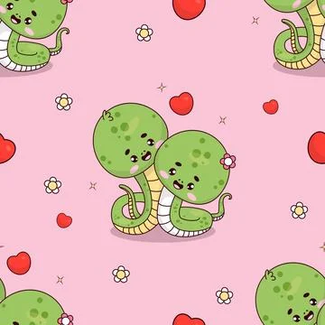 Seamless pattern with romantic snake on pink background with hearts. Cute Stockillustratie