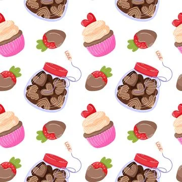 Seamless pattern of romantic sweets with chocolate candy, cupcake, strawberry Stock Illustration