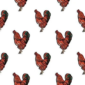 Seamless pattern. A rooster on a white background, not a frequent ornament Stock Illustration
