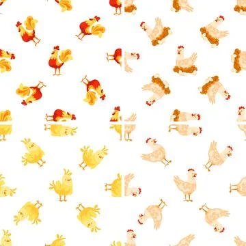 Seamless pattern with roosters crowing and hens laying eggs Stock-Illustration