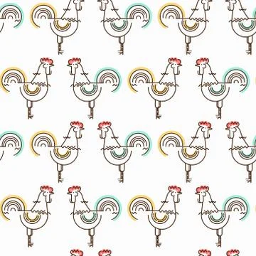 Seamless pattern with roosters in linear style Stock Illustration