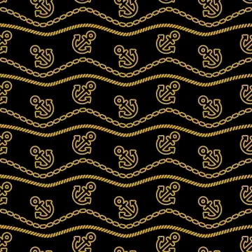 Seamless pattern with ropes anchors chain and waves gold and black. Ongoing Stock Illustration