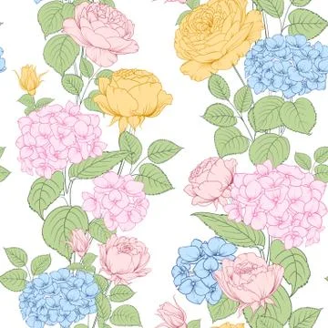Seamless pattern of rose and hydrangea flowers for fabric design. Luxurious art Stock Illustration