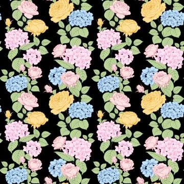 Seamless pattern of rose and hydrangea flowers on black background. Luxurious Stock Illustration