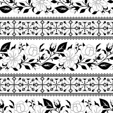 Seamless Pattern with Rose and Mallow Inspired by Ukrainian Traditional Emb.. Illustrazione stock