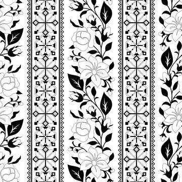 Seamless Pattern with Rose and Mallow Inspired by Ukrainian Traditional Emb.. Stock Illustration