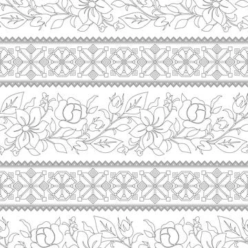 Seamless Pattern with Rose and Mallow Inspired by Ukrainian Traditional Emb.. Stock Illustration