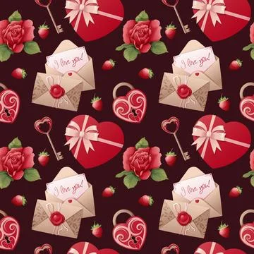 Seamless pattern with rose, castle, gift, strawberry, love letter. Romance,.. Stock Illustration