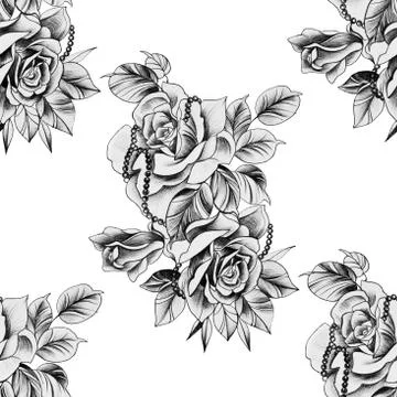 Seamless pattern rose with decoration on a white background. Stock Illustration