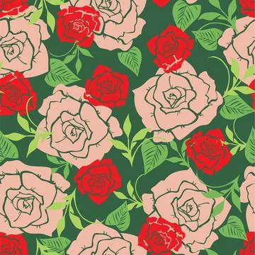Seamless pattern rose flower and leaves on dark green background Stock Illustration