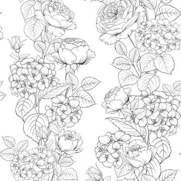 Seamless pattern of rose flower for fabric design. Luxurious line art of spring Stock Illustration