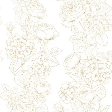 Seamless pattern of rose flower for fabric design. Luxurious line art of spring Stock Illustration