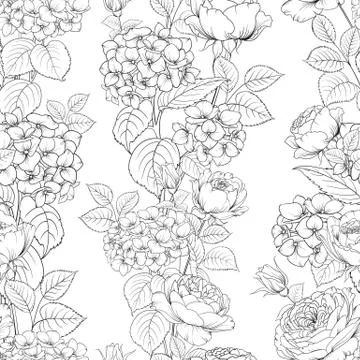 Seamless pattern of rose flower for fabric design. Luxurious line art of spring Stock Illustration