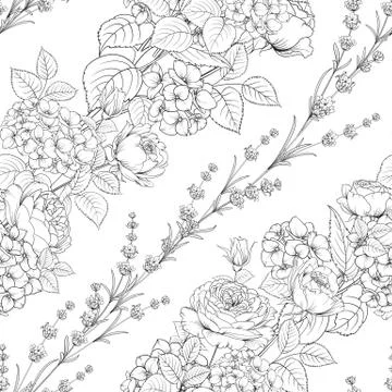 Seamless pattern of rose flower for fabric design. Luxurious line art of spring Illustrazione stock